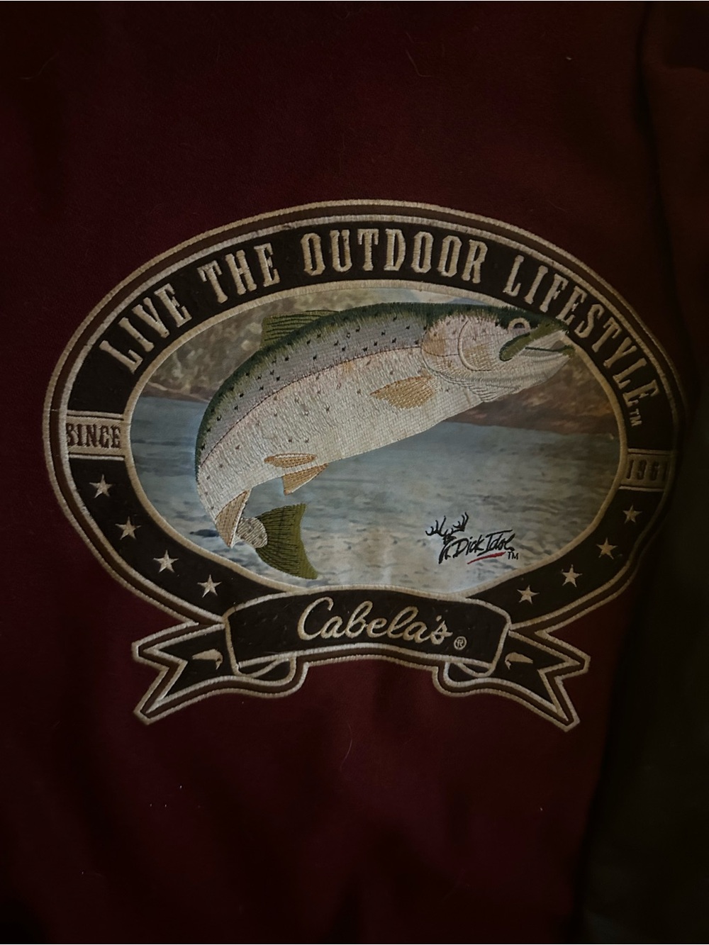 Cabela's Men's Maroon Bomber Jacket with Fishing Graphic on Back